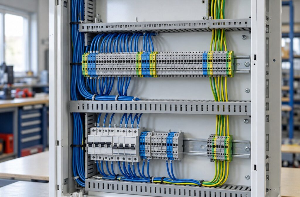 Detail zapojení svorek a vodičů v rozvaděči
