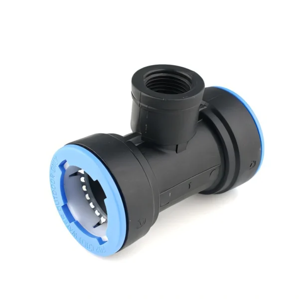 esyLOCK T-kus s vnitřním závitem na odbočce 25 × 1/2″ × 25 mm – narážecí tvarovka pro PE potrubí
